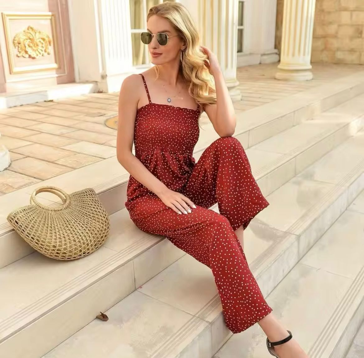 Women's Polka Dot Wide-Leg Jumpsuit With Smocked Bodice For Summer Style Outfit
