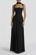 Women's Black Maxi Dress With Square Neckline And High Slit For Elegant Events Worldwide