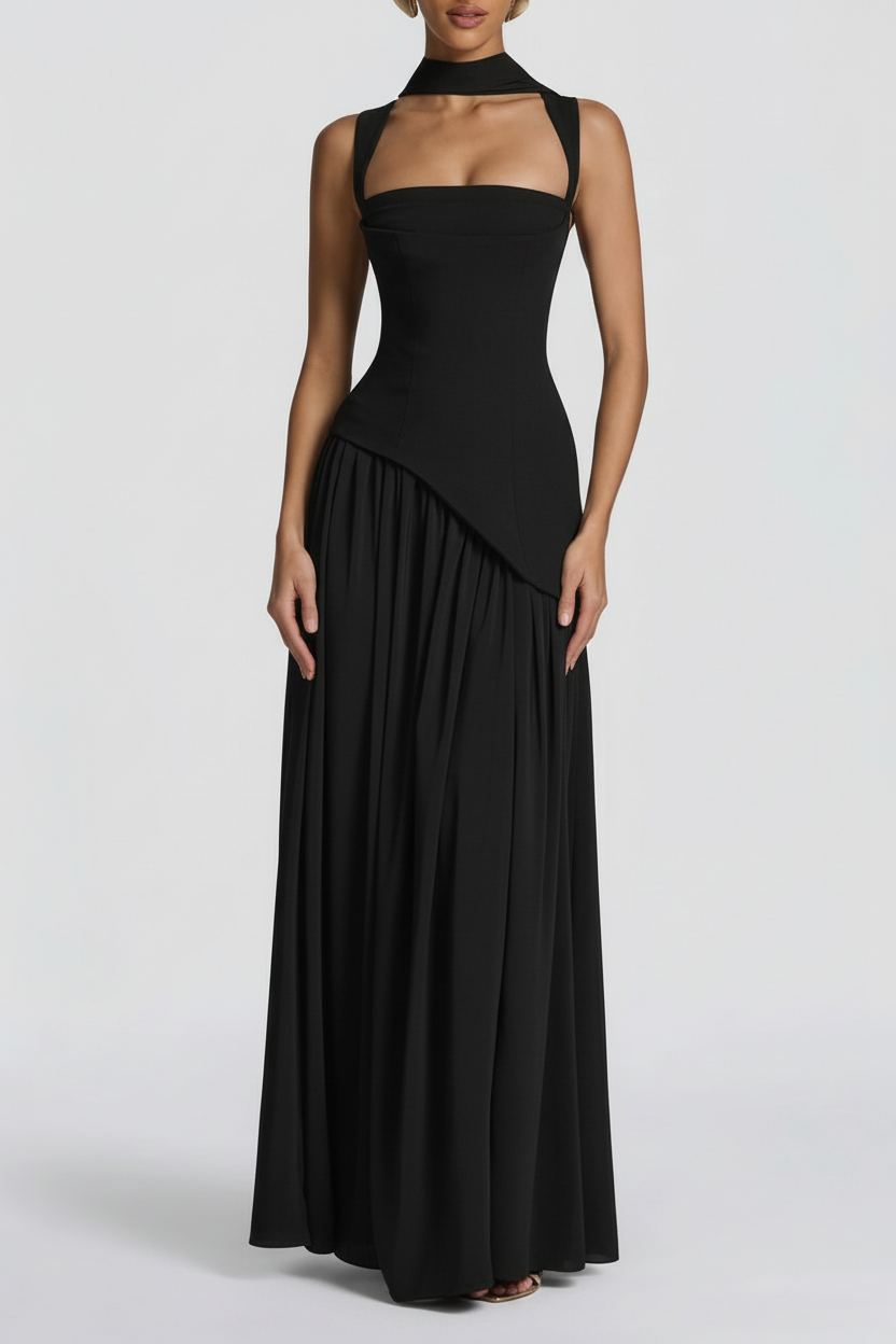 Women's Black Maxi Dress With Square Neckline And High Slit For Elegant Events Worldwide