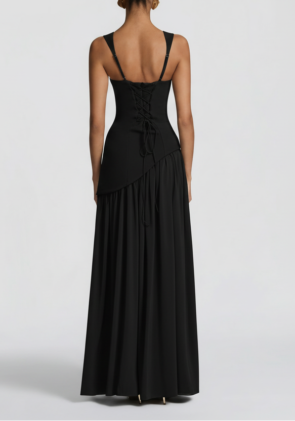 Women's Black Maxi Dress With Square Neckline And High Slit For Elegant Events Worldwide