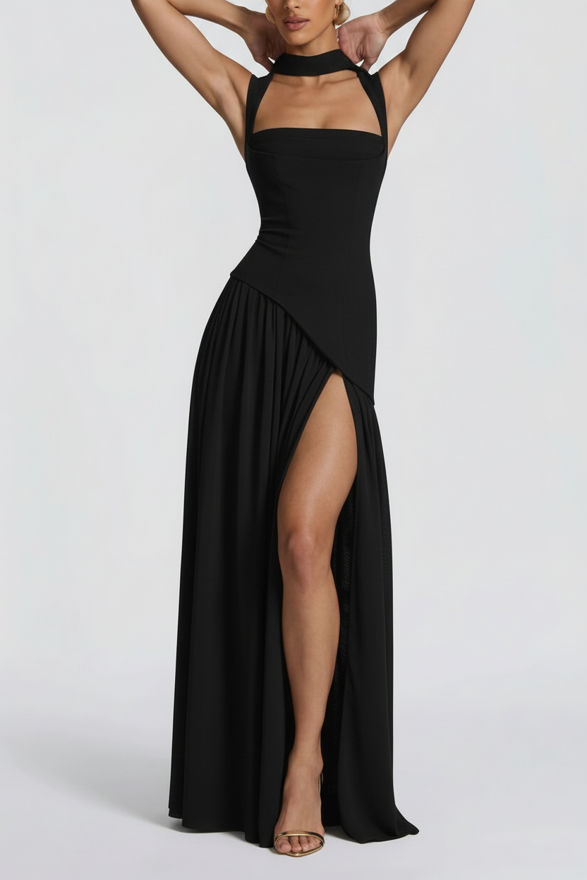 Women's Black Maxi Dress With Square Neckline And High Slit For Elegant Events Worldwide