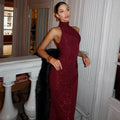 Women's Sleeveless High Neck Maxi Dress With Shimmer Finish, Structured Bodice, and Elongated Silhouette