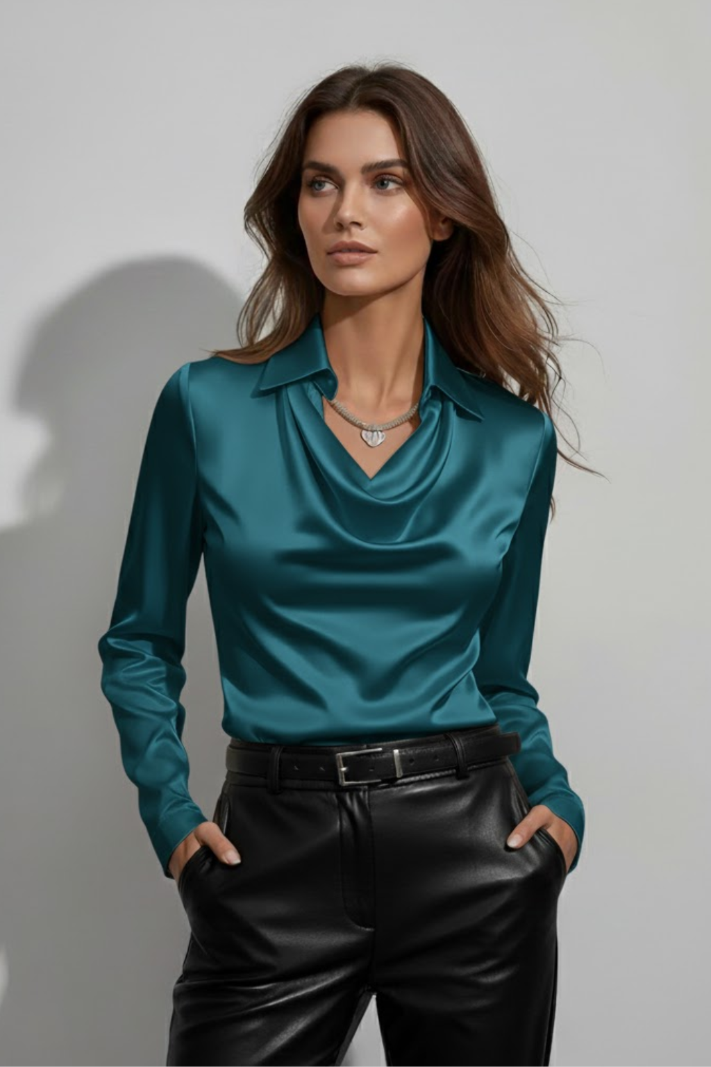 Women's Draped Cowl Neck Blouse With Elegant Long Sleeve Design For Timeless Style