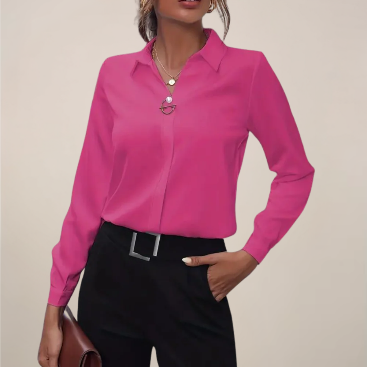 Elegant Women's Long Sleeve Blouse With Collar In Solid Colors For Office Or Evening Wear