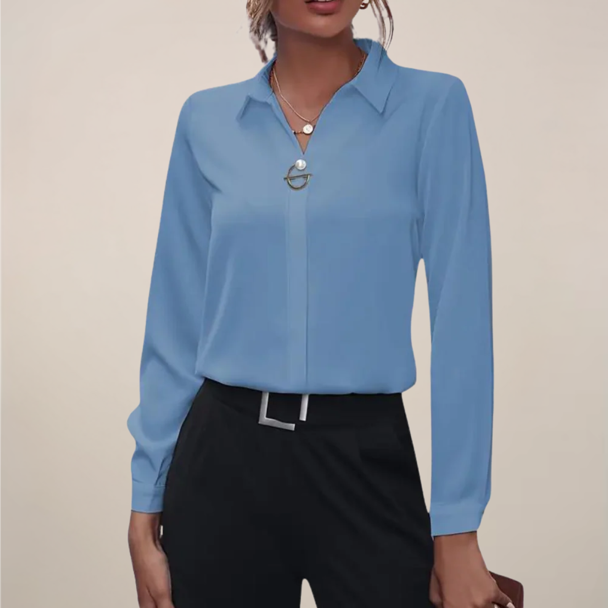 Elegant Women's Long Sleeve Blouse With Collar In Solid Colors For Office Or Evening Wear