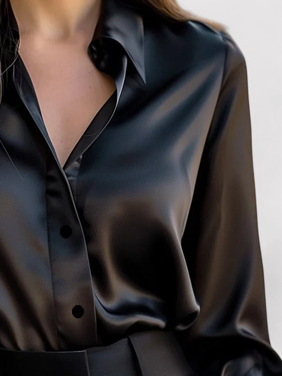Women's Elegant Satin Long Sleeve Blouse With Classic Cut And Subtle Shine For Any Occasion