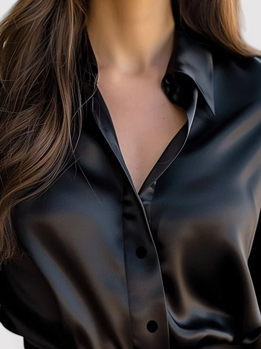 Women's Elegant Satin Long Sleeve Blouse With Classic Cut And Subtle Shine For Any Occasion