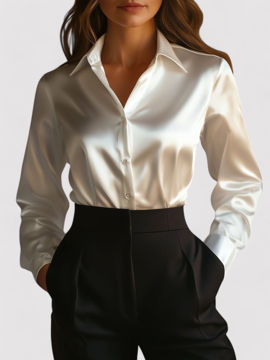 Women's Elegant Satin Long Sleeve Blouse With Classic Cut And Subtle Shine For Any Occasion