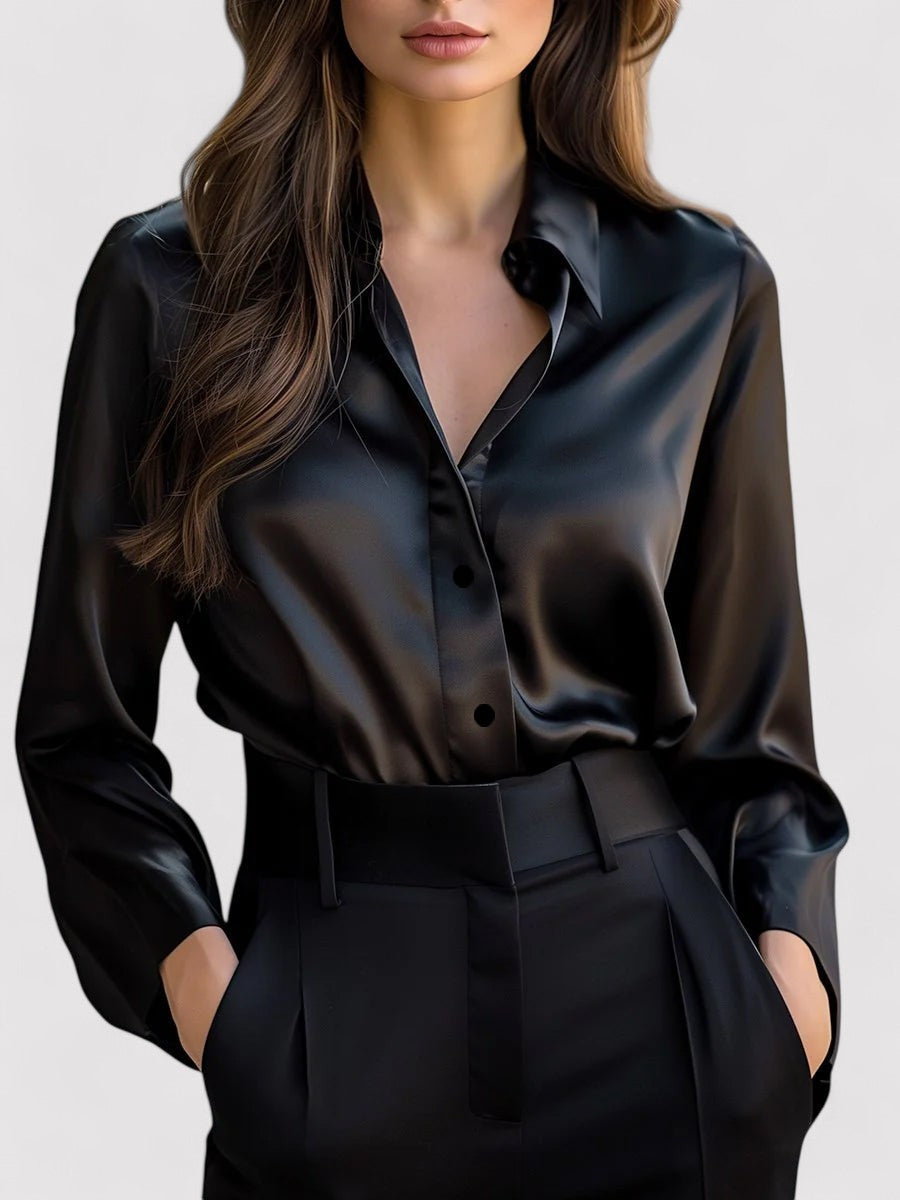 Women's Elegant Satin Long Sleeve Blouse With Classic Cut And Subtle Shine For Any Occasion