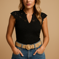 Women's Embroidered V-Neck Top With Elegant, Flattering Fit For Smart Casual Styling
