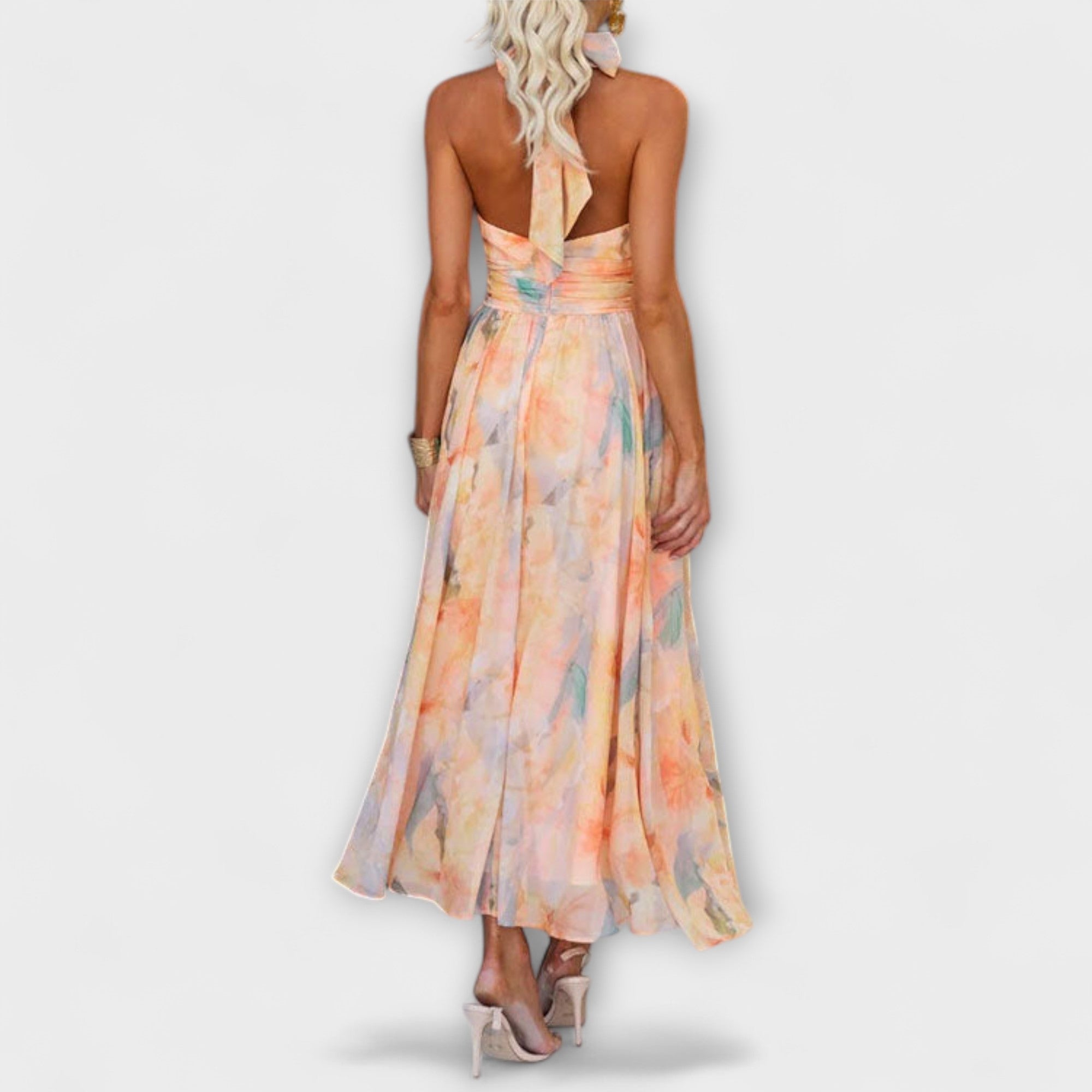 Women's Flowing Halter-Neck Backless Maxi Dress With Watercolour Print For Everyday Elegance