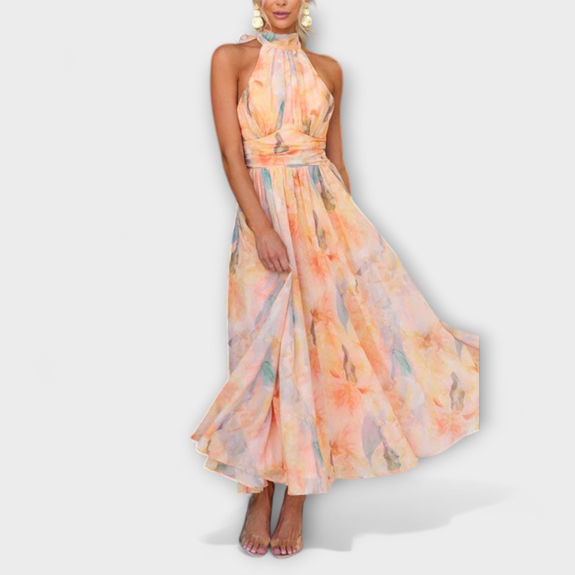 Women's Flowing Halter-Neck Backless Maxi Dress With Watercolour Print For Everyday Elegance