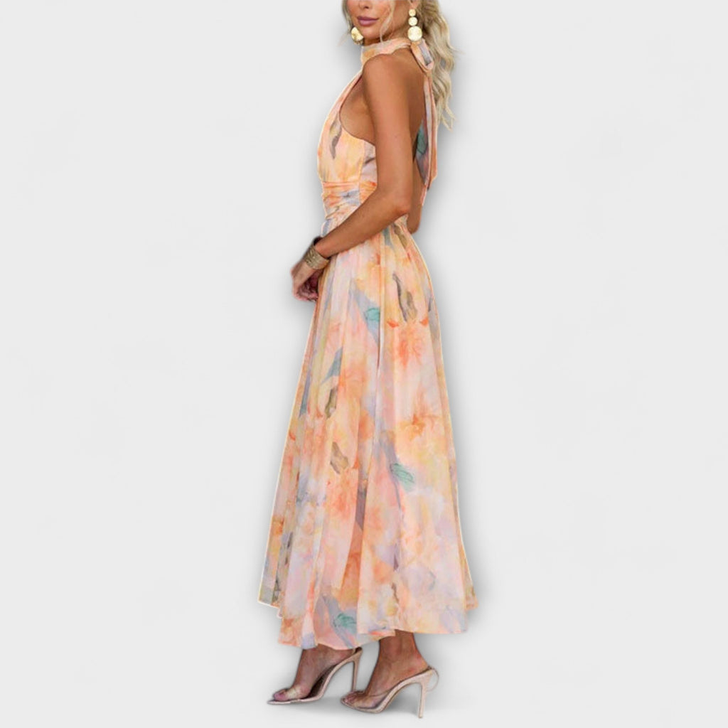 Women's Flowing Halter-Neck Backless Maxi Dress With Watercolour Print For Everyday Elegance