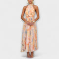 Women's Flowing Halter-Neck Backless Maxi Dress With Watercolour Print For Everyday Elegance
