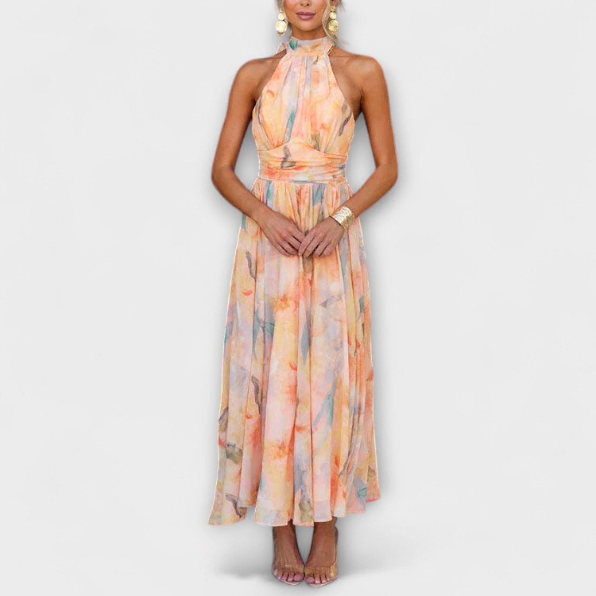 Women's Flowing Halter-Neck Backless Maxi Dress With Watercolour Print For Everyday Elegance