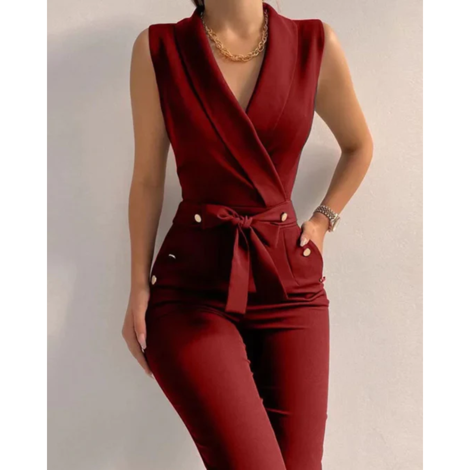 Women’s Formal Jumpsuit With Tied Detail, Sleeveless V-Neck Design, Confident Eveningwear