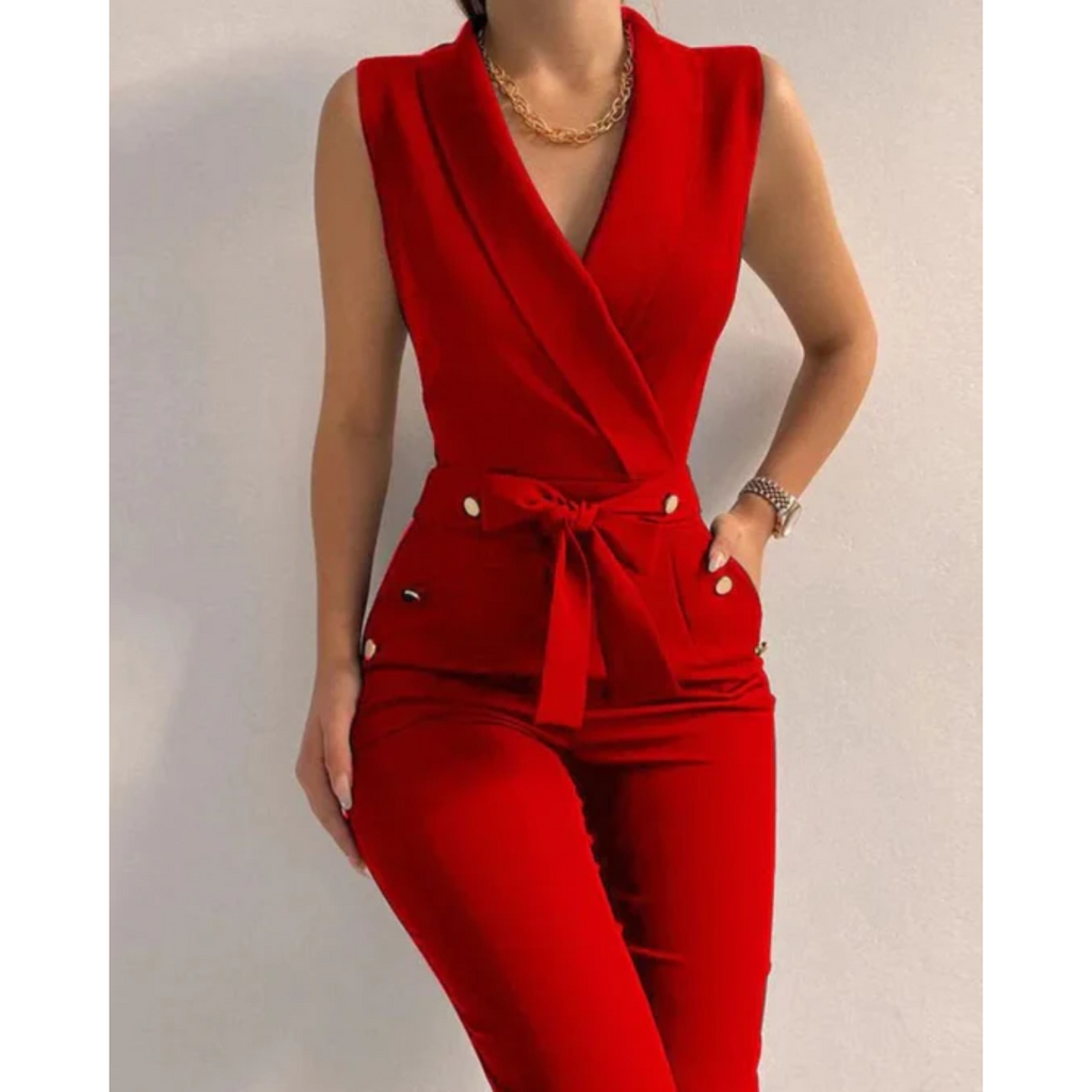 Women’s Formal Jumpsuit With Tied Detail, Sleeveless V-Neck Design, Confident Eveningwear