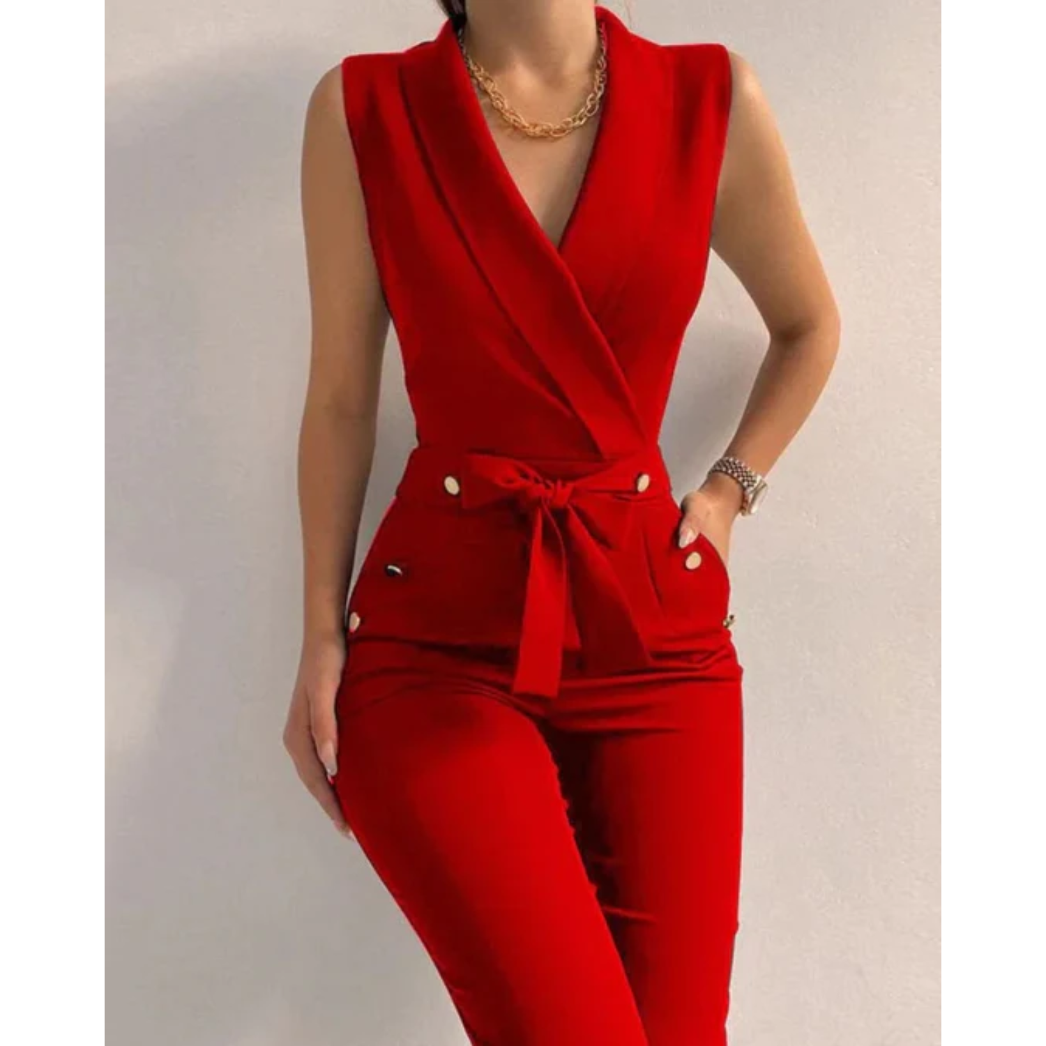 Women’s Formal Jumpsuit With Tied Detail, Sleeveless V-Neck Design, Confident Eveningwear