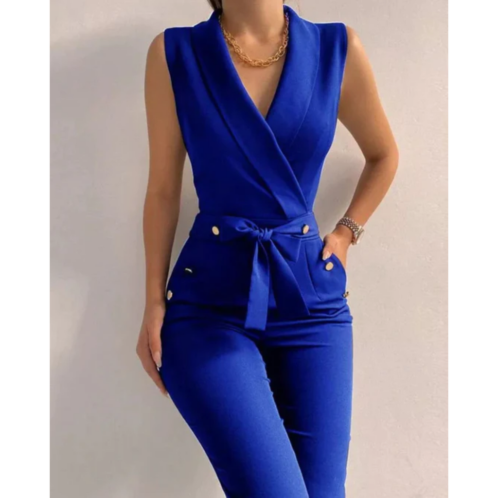 Women’s Formal Jumpsuit With Tied Detail, Sleeveless V-Neck Design, Confident Eveningwear