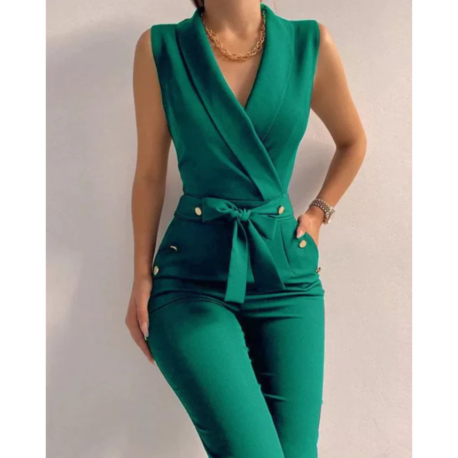 Women’s Formal Jumpsuit With Tied Detail, Sleeveless V-Neck Design, Confident Eveningwear