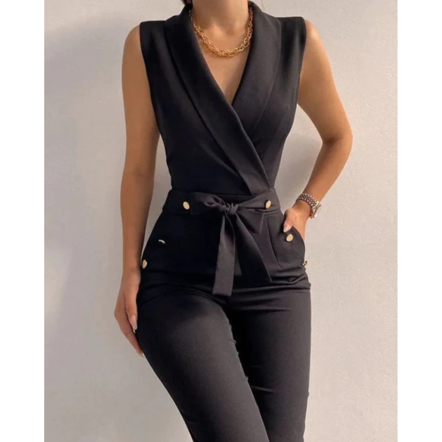 Women’s Formal Jumpsuit With Tied Detail, Sleeveless V-Neck Design, Confident Eveningwear