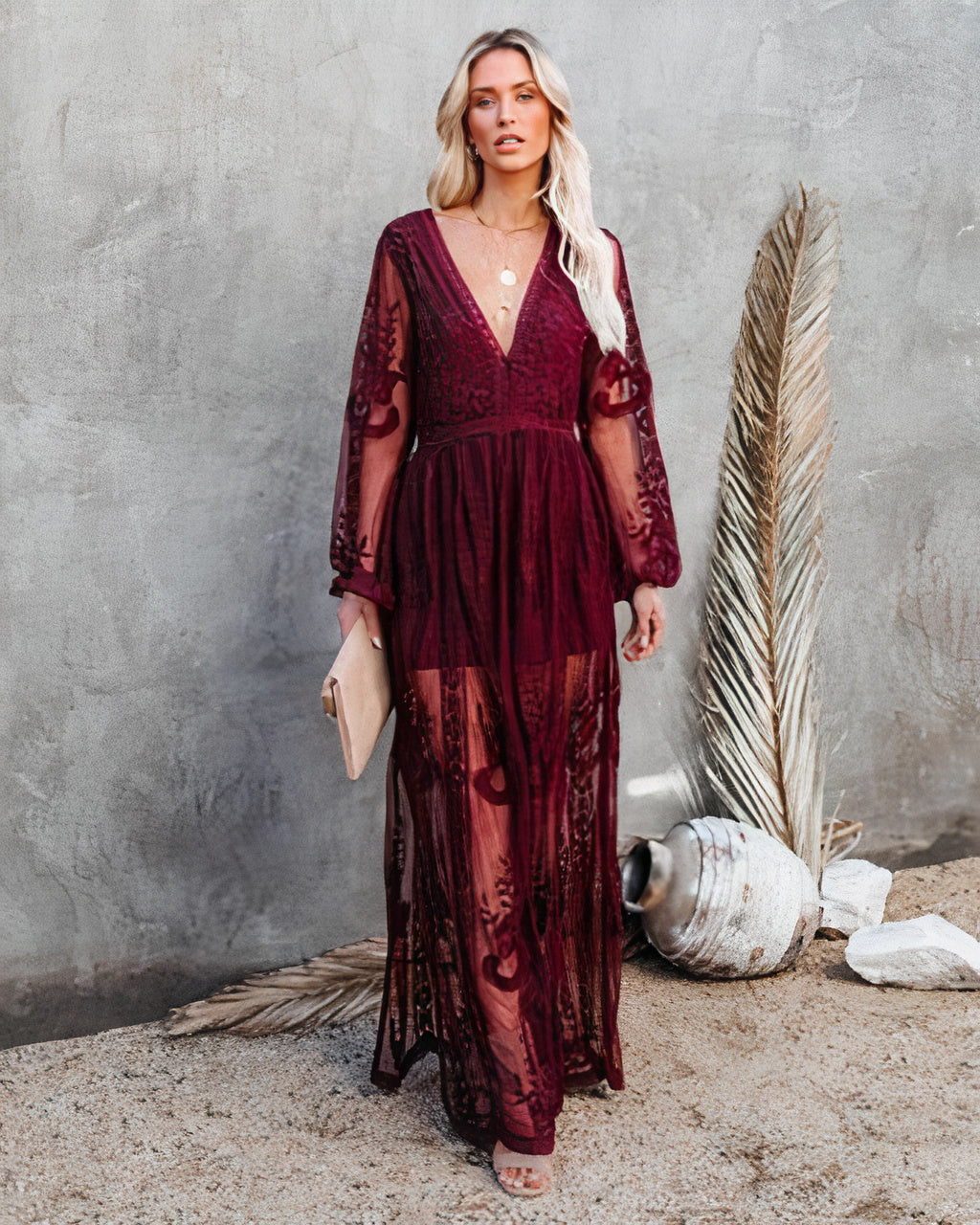 Women's Lace Maxi Dress With Sheer Floral Design, Deep V-Neck, Long Sleeves, Side Slit
