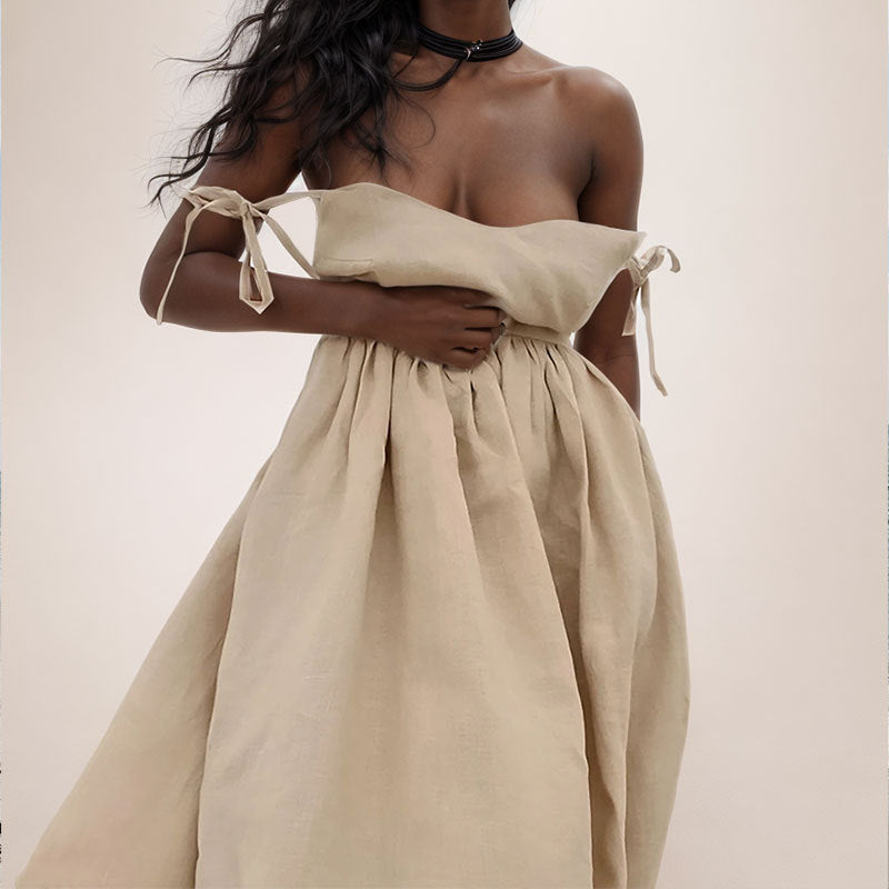 Women's Linen Midi Dress With V-Neck, Open Back, Adjustable Tie Straps, And Side Slit