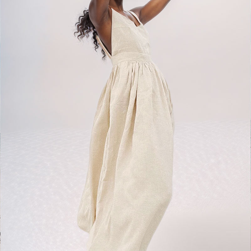 Women's Linen Midi Dress With V-Neck, Open Back, Adjustable Tie Straps, And Side Slit
