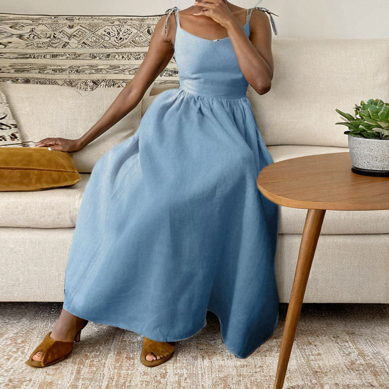 Women's Linen Midi Dress With V-Neck, Open Back, Adjustable Tie Straps, And Side Slit