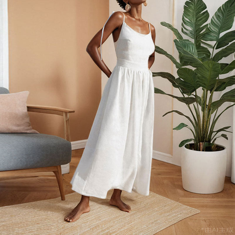 Women's Linen Midi Dress With V-Neck, Open Back, Adjustable Tie Straps, And Side Slit
