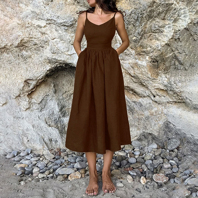 Women's Linen Midi Dress With V-Neck, Open Back, Adjustable Tie Straps, And Side Slit