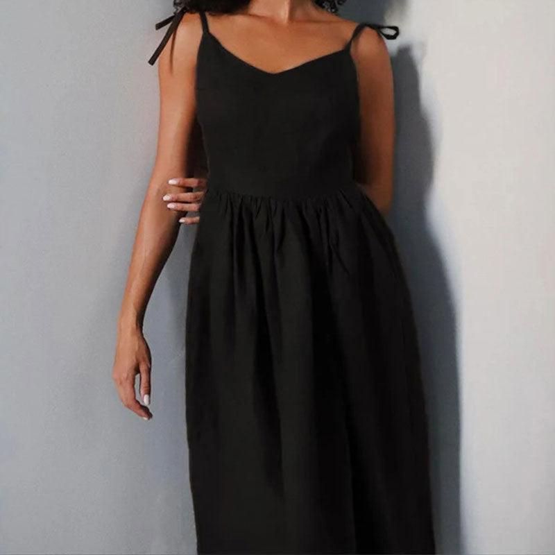 Women's Linen Midi Dress With V-Neck, Open Back, Adjustable Tie Straps, And Side Slit