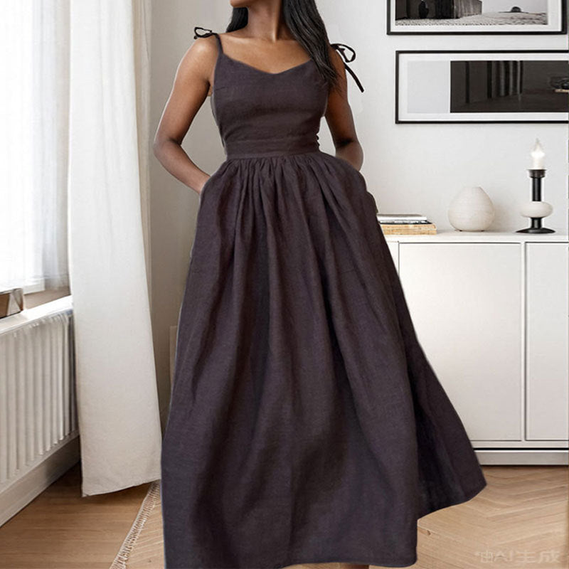 Women's Linen Midi Dress With V-Neck, Open Back, Adjustable Tie Straps, And Side Slit