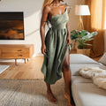Women's Linen Midi Dress With V-Neck, Open Back, Adjustable Tie Straps, And Side Slit
