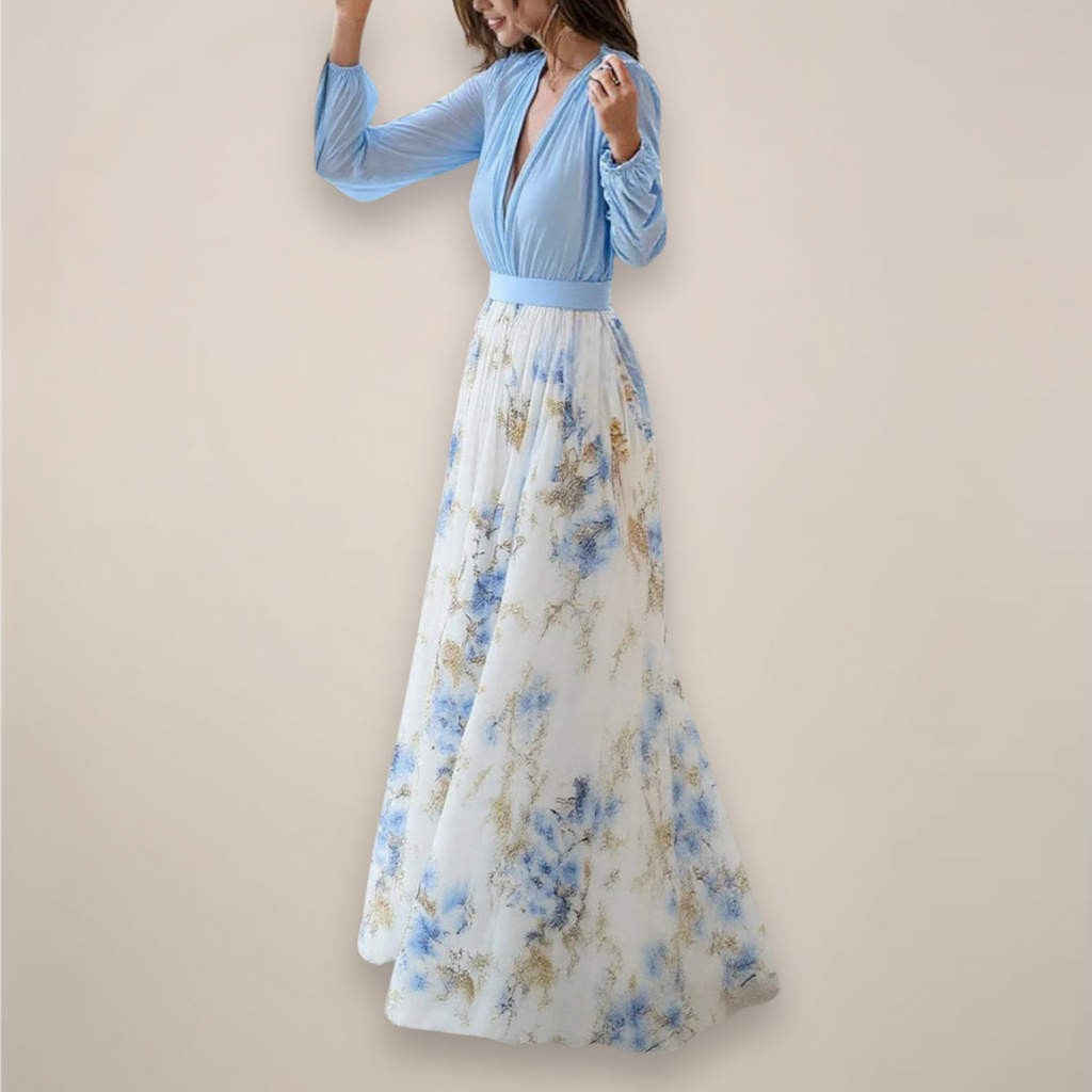 Women's Floral Maxi Dress With Long Sleeves And V-Neckline, Elegant Flowing Silhouette