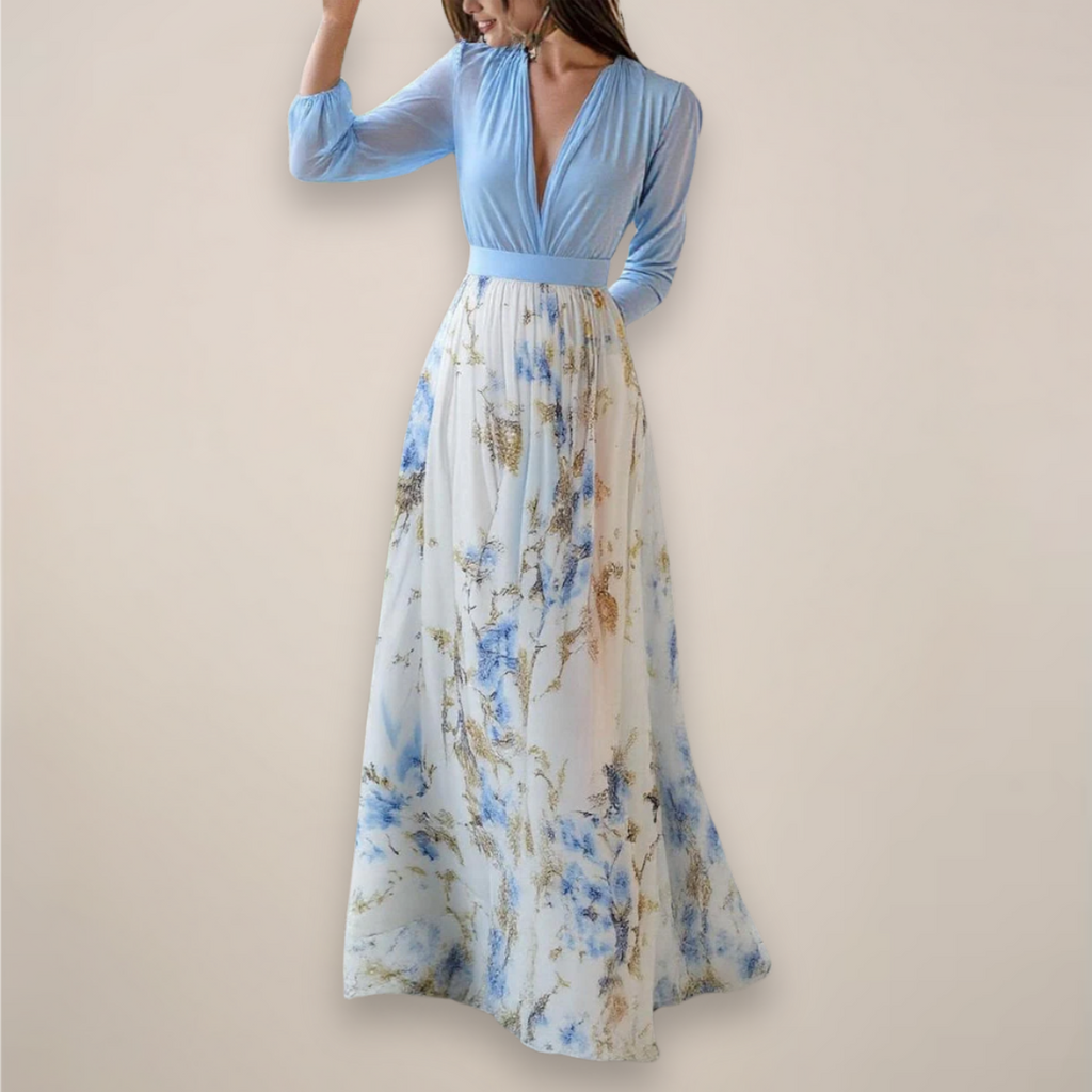 Women's Floral Maxi Dress With Long Sleeves And V-Neckline, Elegant Flowing Silhouette
