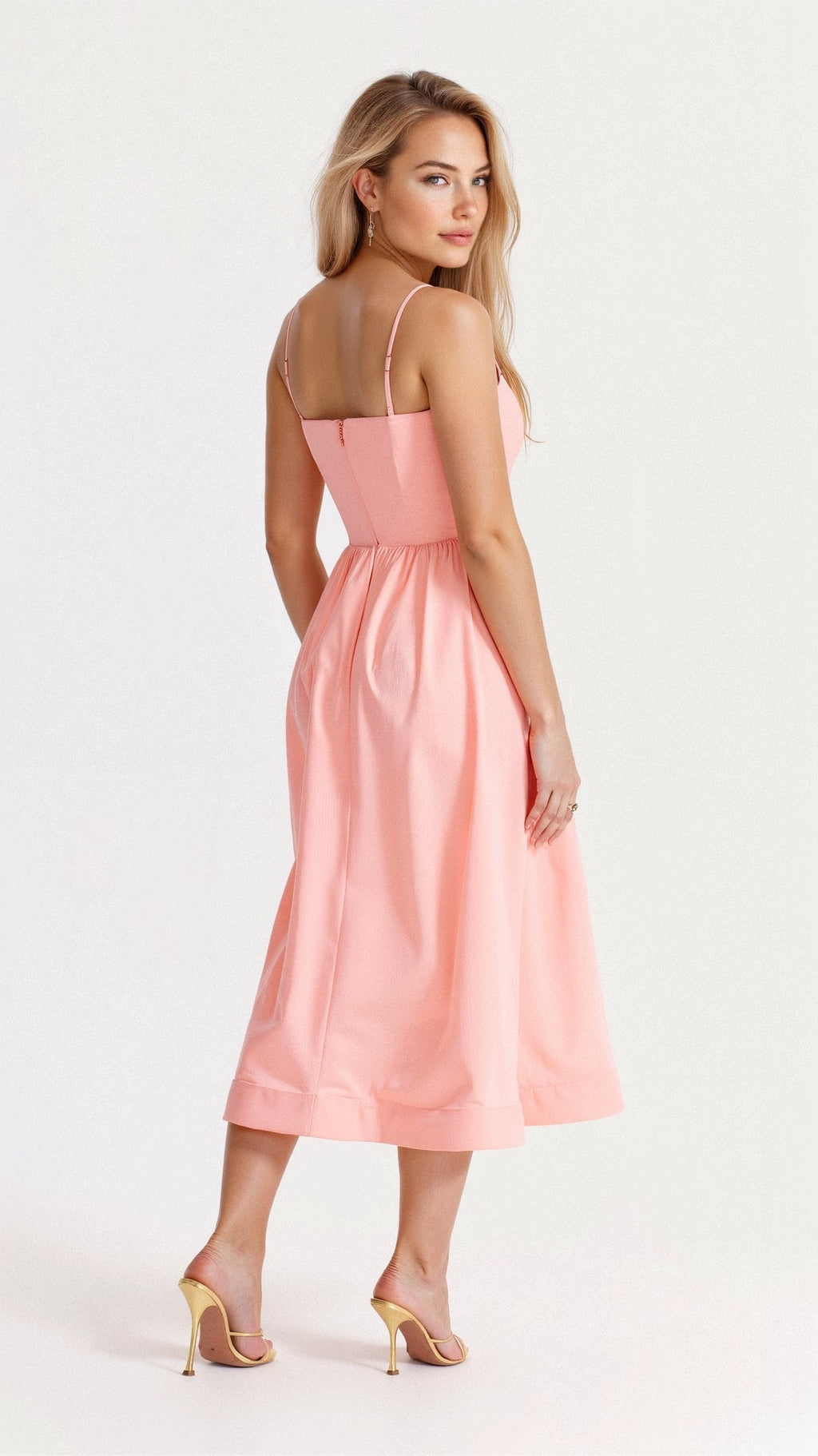 Elegant Women's Midi Dress With Spaghetti Strap, Scoop Neckline, And Gathered A-Line Skirt
