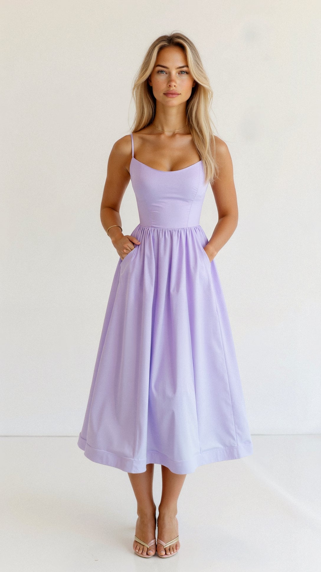 Elegant Women's Midi Dress With Spaghetti Strap, Scoop Neckline, And Gathered A-Line Skirt