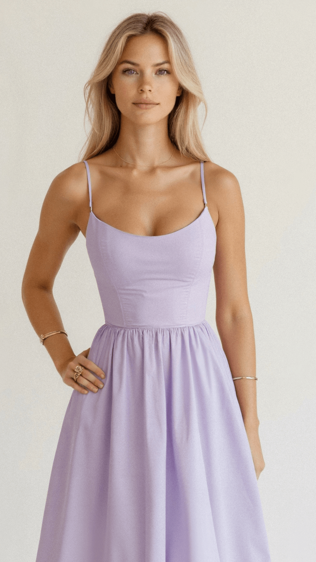 Elegant Women's Midi Dress With Spaghetti Strap, Scoop Neckline, And Gathered A-Line Skirt