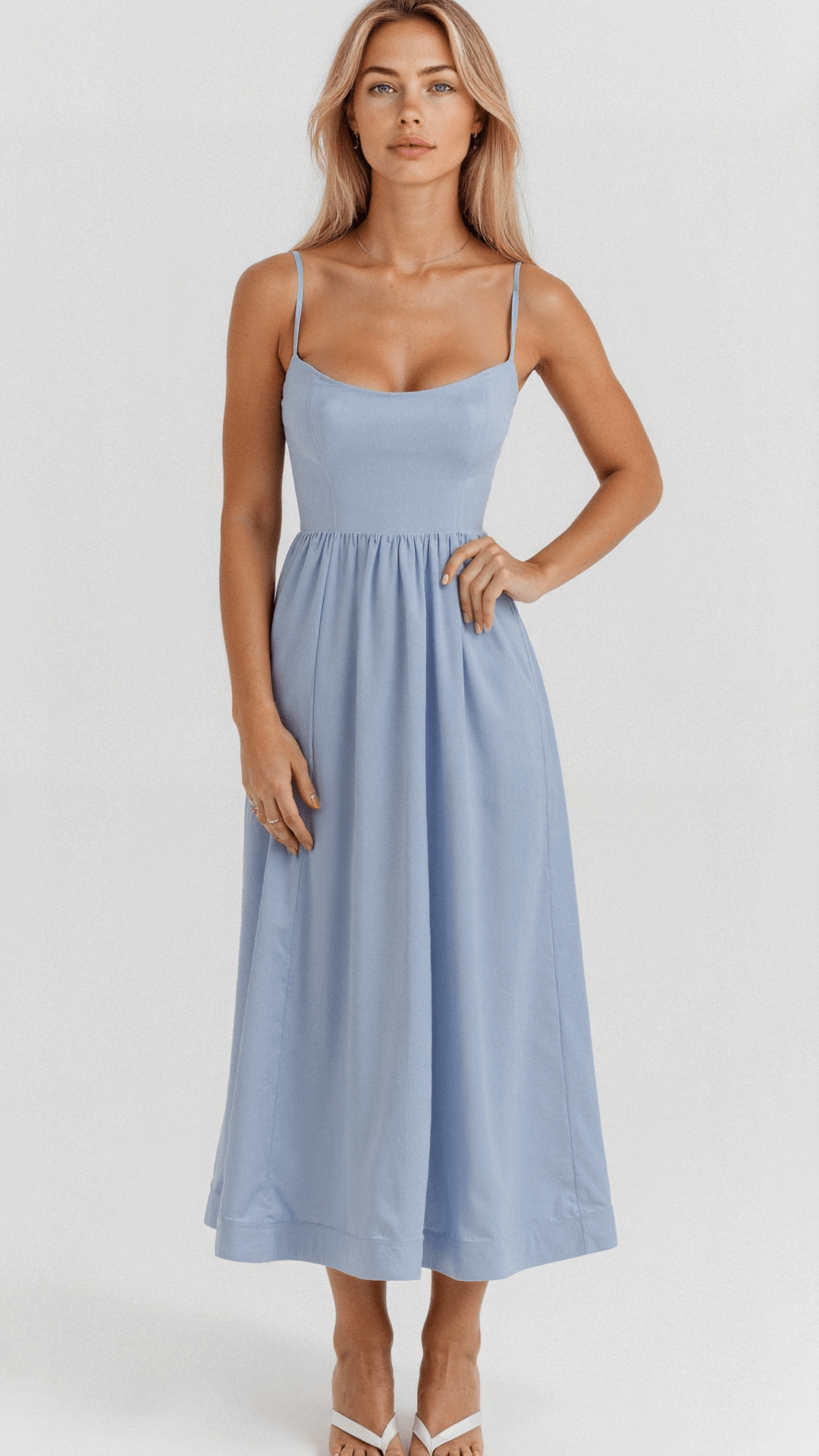 Elegant Women's Midi Dress With Spaghetti Strap, Scoop Neckline, And Gathered A-Line Skirt