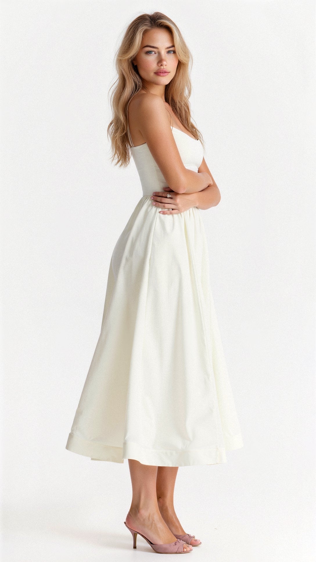 Elegant Women's Midi Dress With Spaghetti Strap, Scoop Neckline, And Gathered A-Line Skirt