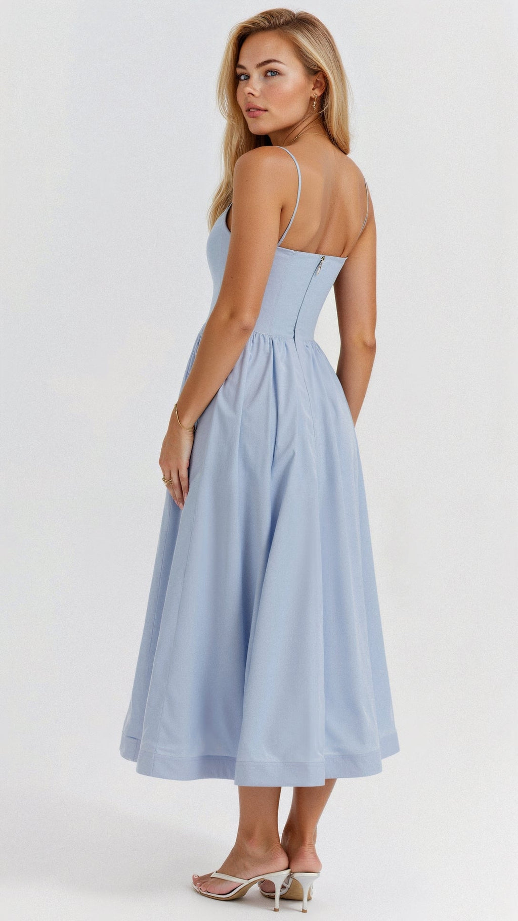 Elegant Women's Midi Dress With Spaghetti Strap, Scoop Neckline, And Gathered A-Line Skirt