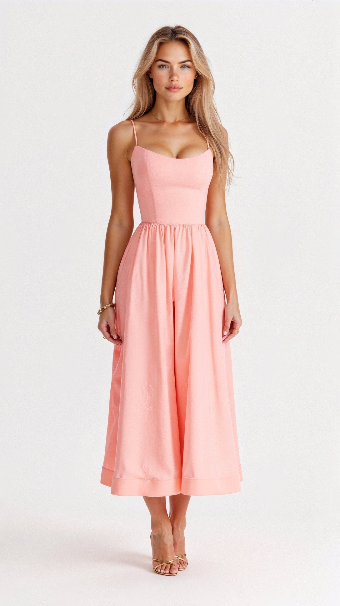 Elegant Women's Midi Dress With Spaghetti Strap, Scoop Neckline, And Gathered A-Line Skirt