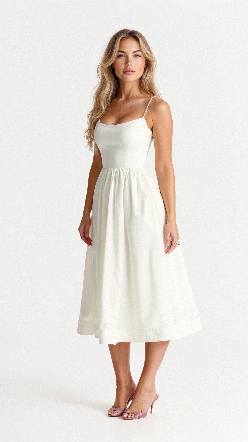Elegant Women's Midi Dress With Spaghetti Strap, Scoop Neckline, And Gathered A-Line Skirt