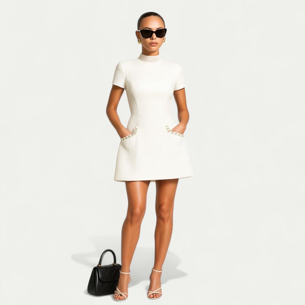Women's Mini Dress With Pearl Trim And Pocket Detailing For A Polished Look And Modern Fit