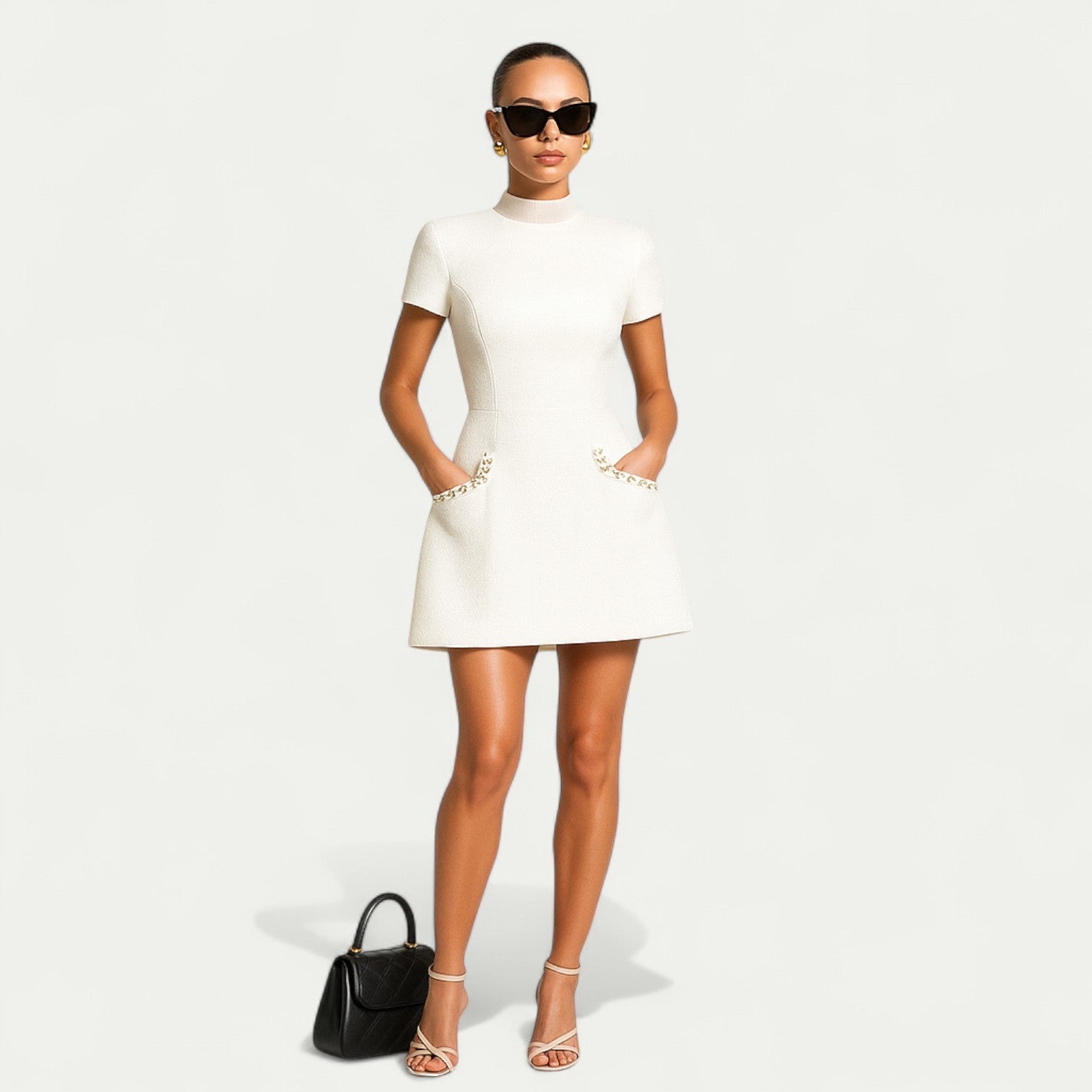 Women's Mini Dress With Pearl Trim And Pocket Detailing For A Polished Look And Modern Fit