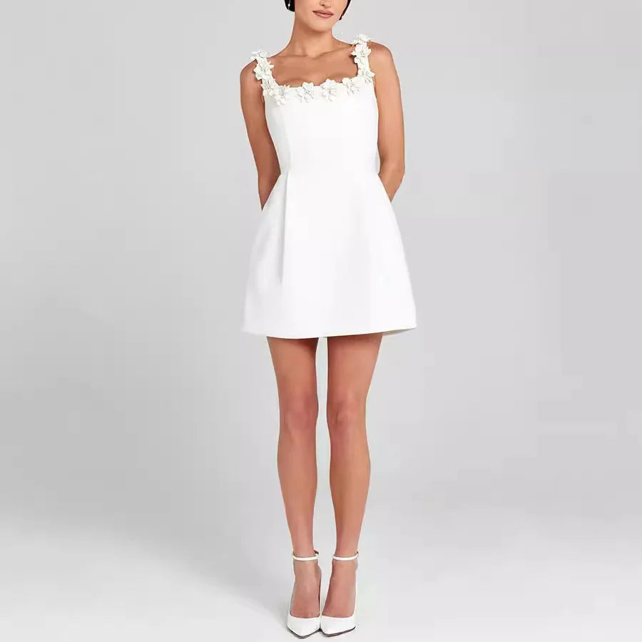 Women's Mini Sheath Dress With Square Neck And Floral Detail Timeless Elegant Silhouette