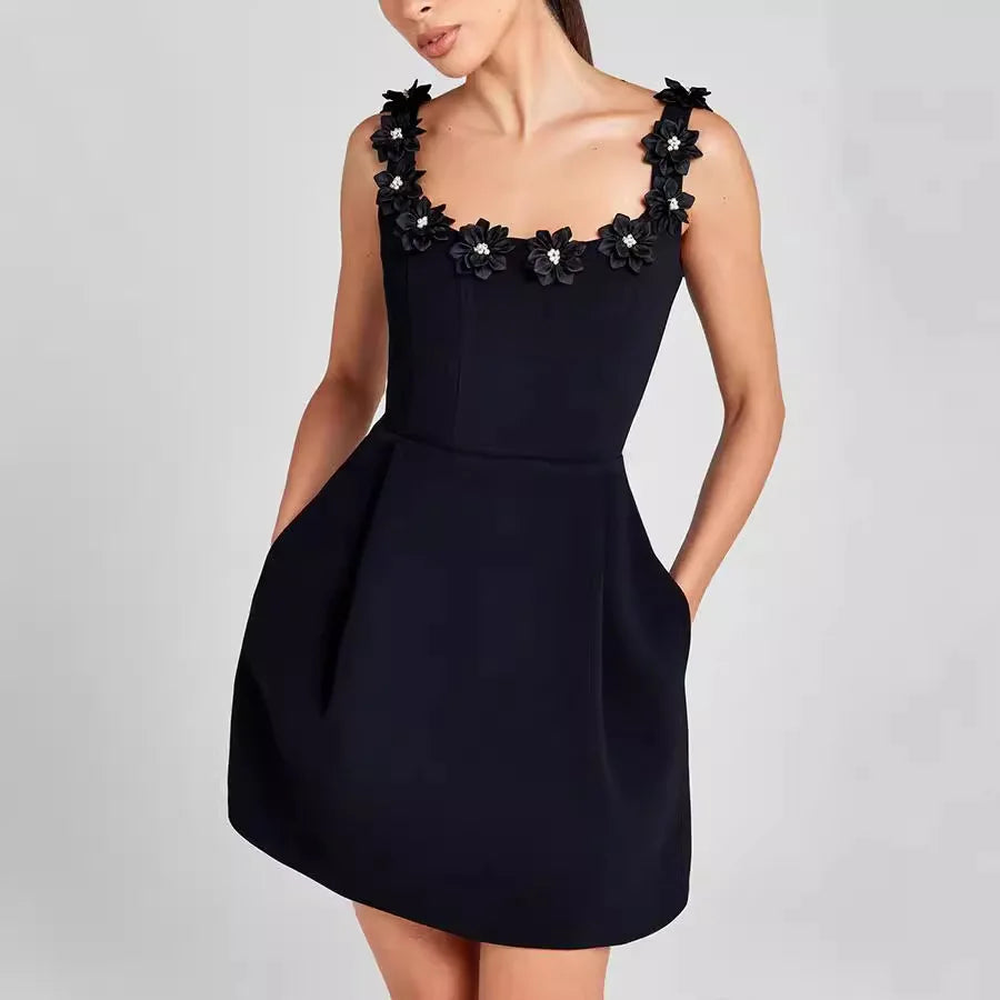 Women's Mini Sheath Dress With Square Neck And Floral Detail Timeless Elegant Silhouette