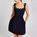 Women's Mini Sheath Dress With Square Neck And Floral Detail Timeless Elegant Silhouette