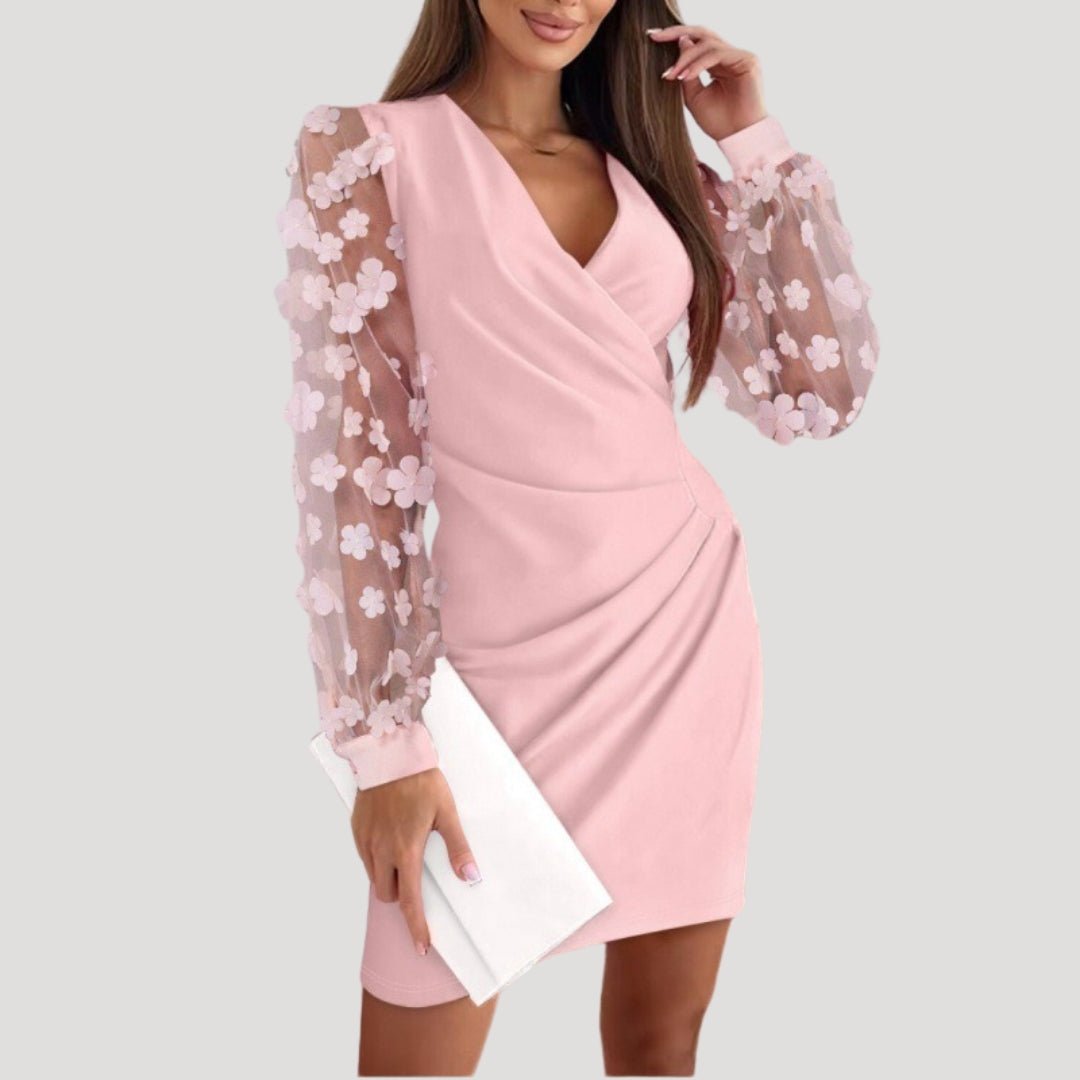 Women's Mini Wrap Dress With Sheer Chiffon Sleeves And V Neckline For Evening Events
